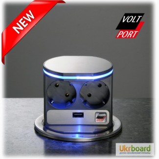 Блок розеток VoltPort 2x220 + USB-зарядное. LED подсветка. Крышка из нержавеющей стали
