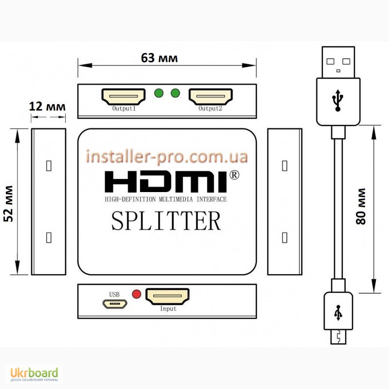 Фото 3. Ультратонкий сплиттер 1х2 USB-питание HDMI 1080р 1.4 до 20 метров