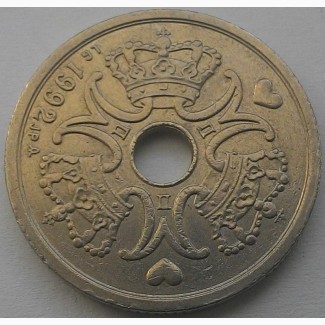 Дания, 2 кроны 1992 год Никель, 24, 5 мм, вес 5, 9 г