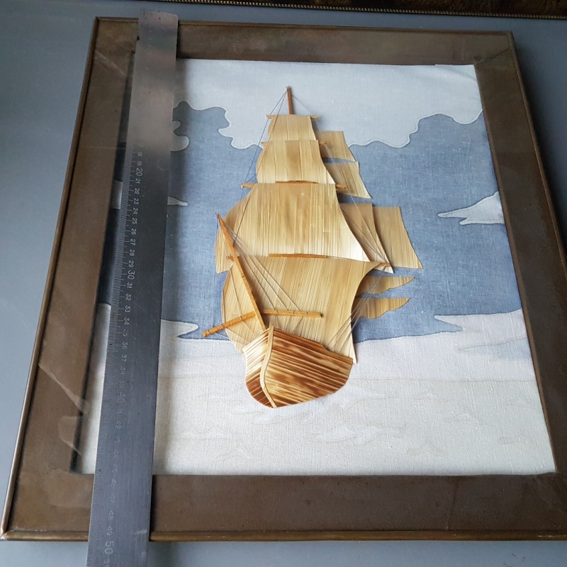 Фото 3. Сувенир Картина панно Барк Парусник, соломка на ткани, под стеклом, СССР