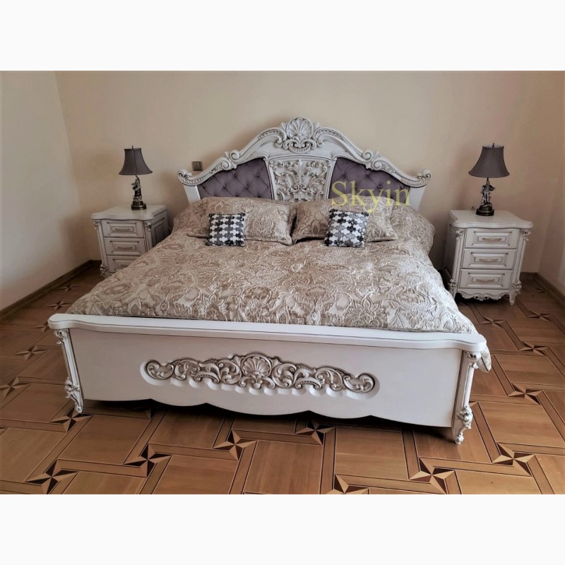 Фото 8. Біле із золотом різьблене ліжко бароко стиль Кармелія з дуба