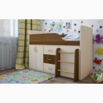 Детская кровать-чердак Снупи с выдвижными ящиками и встроенным комодом