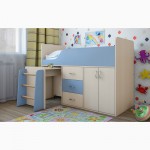 Детская кровать-чердак Снупи с выдвижными ящиками и встроенным комодом