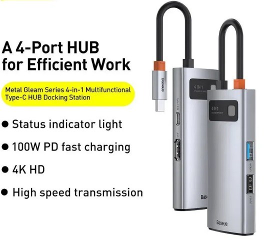 Фото 9. USB- Type C хаб 4 in 1 Baseus Metal Gleam Series USB-C to USB 3.0 + USB 2.0 + HDMI + PD