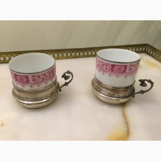 Антикварные серебряные чашечки для кофе с фарфоровыми вставками от Лимож