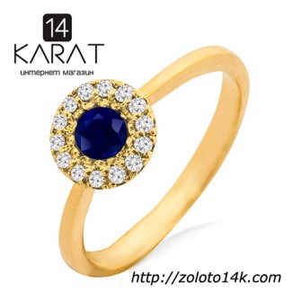 Золотое кольцо с сапфиром и бриллиантами 0, 10 карат. Желтое золото. НОВОЕ (Код: 13332)