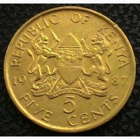 Кения 5 центов 1987 год Латунь, дм. 25, 5 мм, вес 5, 6 г