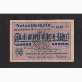 100 марок 1922г. над. 500 000 марок 1923г. Шверин. 434814. Германия