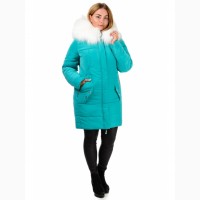 Зимняя тёплая куртка- парка бирюза с опушкой, размеры 46- 52- D122