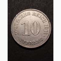 10 пфеннигов 1911г. Е. Медно-никелевый сплав. Вильгельм II. Мульденхюттен. Германия