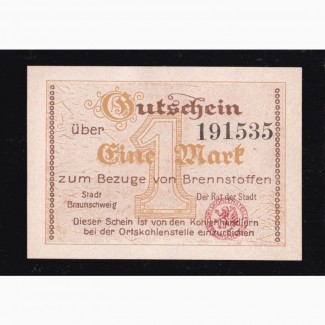1 марка 1921г. 191535. Брауншвейг. Германия. Отличная в коллекцию