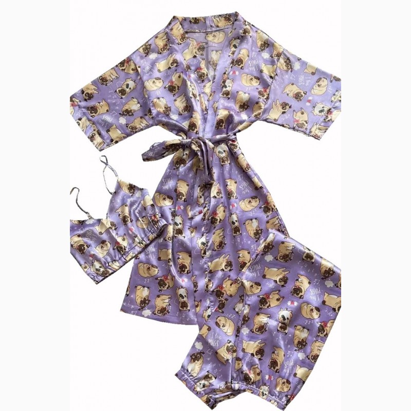 Шелковый комплект халат и пижама топ с штанами разные
