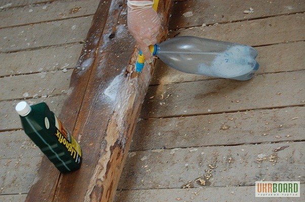 Фото 4. Защита древесины. Ликвидация насекомых вредителей древесины. Антисептик