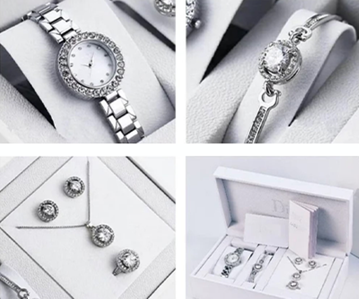 Фото 1/4. Комплект женских украшений Dior, часы, браслет, серьги, кольцо, цепочка, Подарки