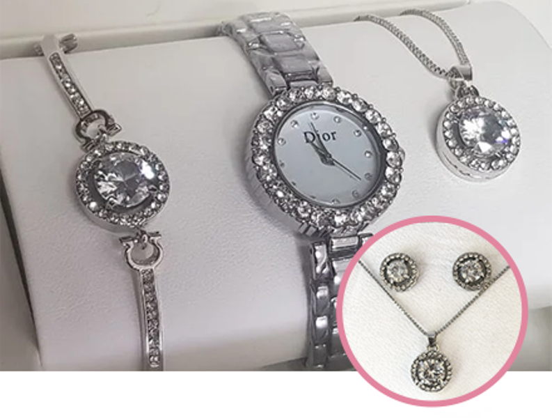 Фото 2/4. Комплект женских украшений Dior, часы, браслет, серьги, кольцо, цепочка, Подарки