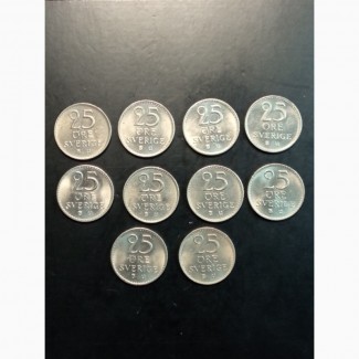 25 эре Подборка 10 монет. 1962-1972г. Швеция