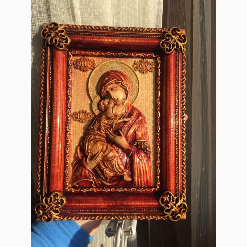 Фото 4. Икона деревянная резная Владимирской Божией Матери