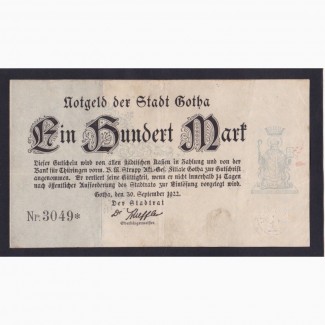 100 марок 1922г. 3049*. Гота. Германия