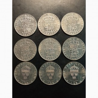1 крона Подборка 9 монет. 1968-1981г. Швеция
