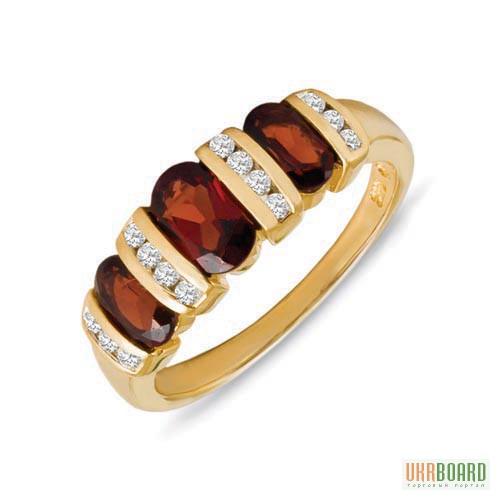 Фото 1/1. Золотое кольцо с гранатами и бриллиантами 0,16 карат 17,5 мм. НОВОЕ (Код: 19026)