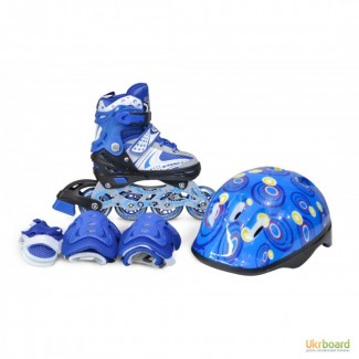 Детские ролики Happy Combo PU защита и шлем с перестановкой колес 30-33 синие