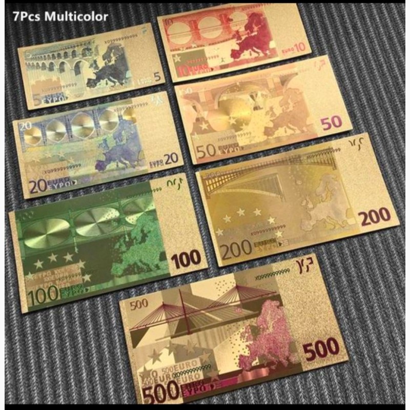 Фото 2. Сувенирные банкноты 500, 200, 100, 50, 20, 10 и 5 евро