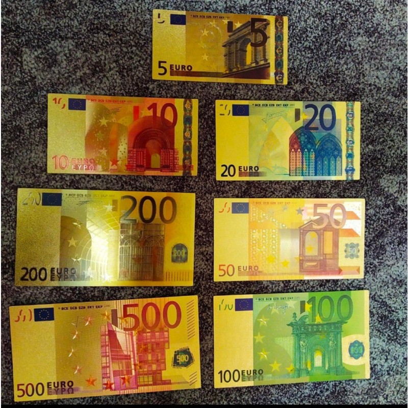Фото 3. Сувенирные банкноты 500, 200, 100, 50, 20, 10 и 5 евро